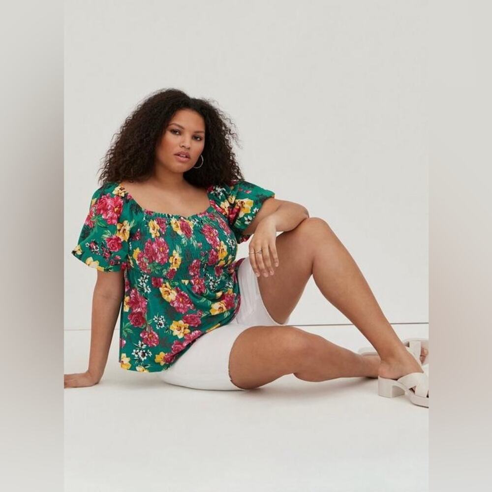 Torrid Babydoll Cotton Modal Slub and Poplin Smocked Bodice Puff Sleeve Top